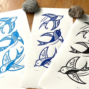 Swallows flying... three birds in flight - Linocut print - handmade art print - contemporary print - home decor -free uk shipping