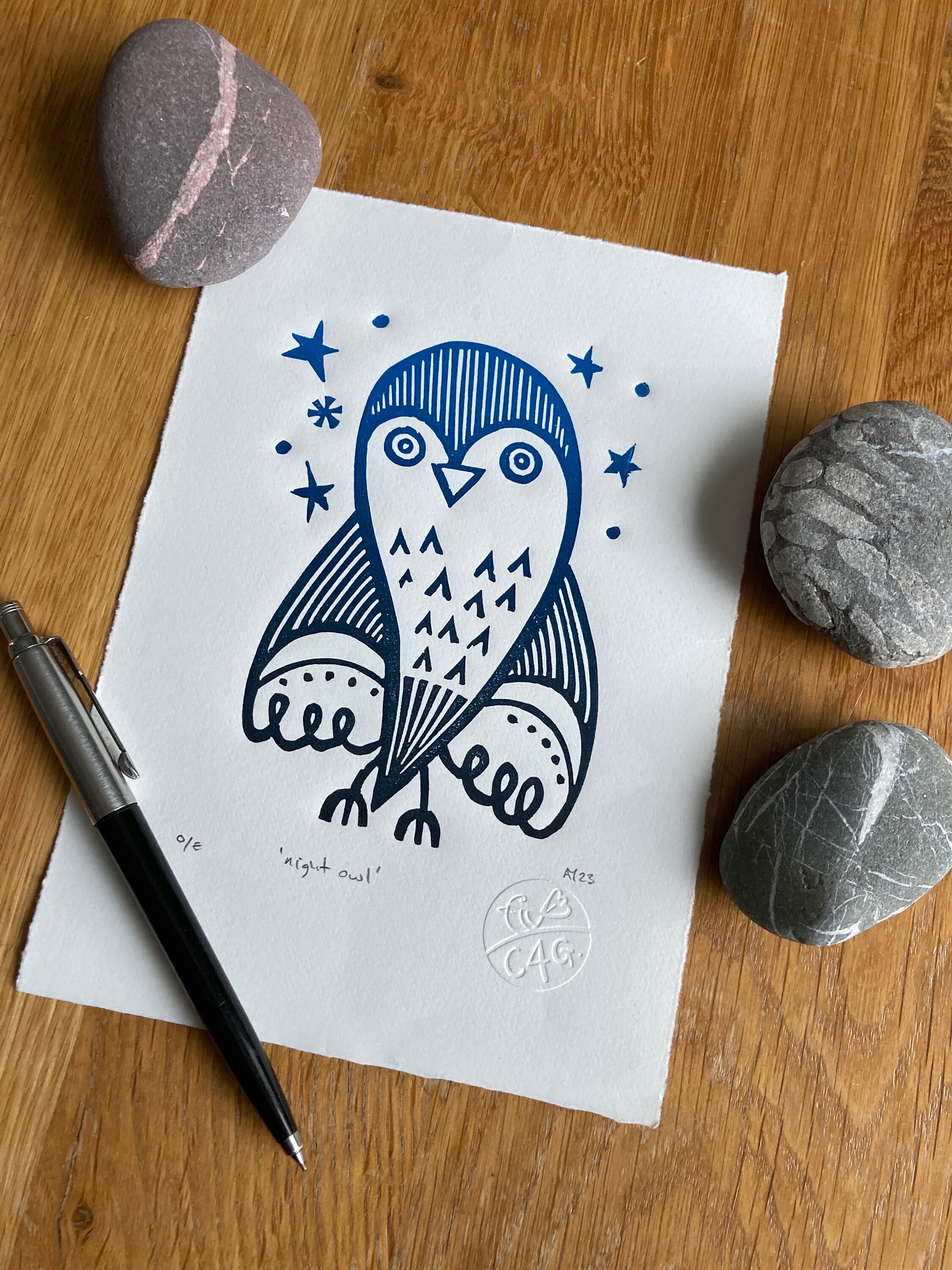 Night Owl Linocut Print: Ombré Blue Handmade Art