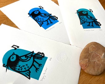 Singing the blues - handprinted Linocut print - blue/teal bird- contemporary print - home decor - handmade art print - free uk shipping