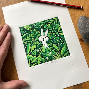 Rabbit in foliage reduction Linocut print handmade art print contemporary print home decor limited edition free uk shipping zdjęcie 3