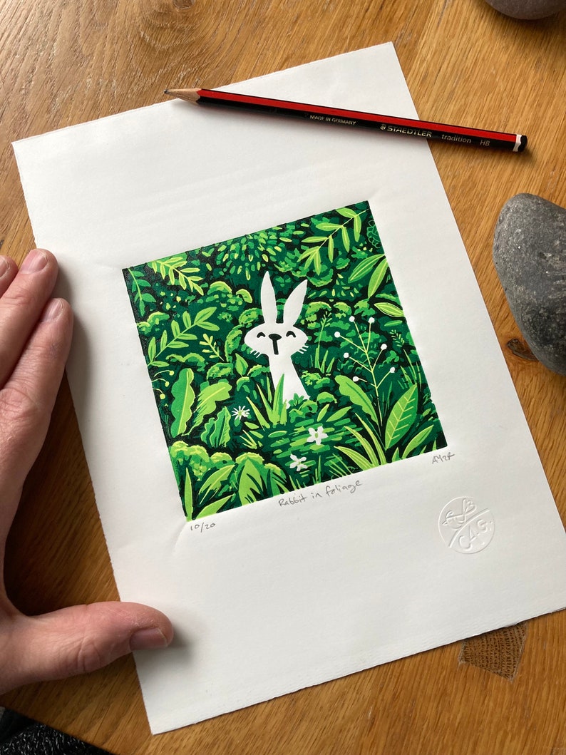 Rabbit in foliage reduction Linocut print handmade art print contemporary print home decor limited edition free uk shipping zdjęcie 3