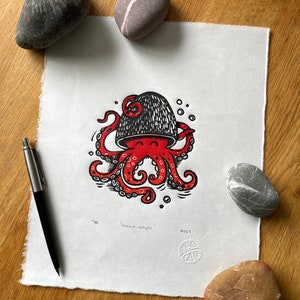 Coconut octopus- quirky- under the sea - fun linocut  -contemporary - home decor - handmade art print - free uk shipping