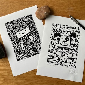 SONDERANGEBOT Katze und Hund doppelkaufen - Linoldruck - handgemachter Kunstdruck - Zeitgenössische Kunstdruck - Versandkostenfrei