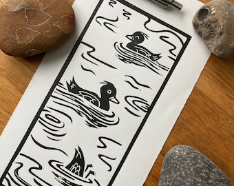 Swimming Ducks Linocut Print: Handmade Art, Contemporary Home Decor