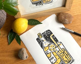Wanneer het leven je geeft... print - limonade- handgedrukte drank - linosnede - eigentijds - woondecoratie - handgemaakte kunstprint - gratis Britse verzending