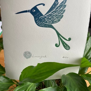 Hummingbird handprinted Linocut print contemporary print home decor handmade art print free uk shipping image 3