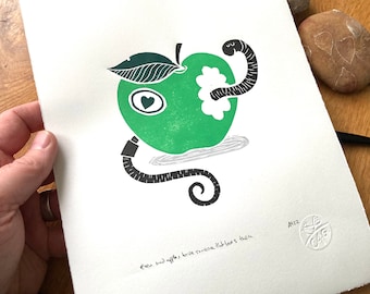 Apple and worm - green apple- fruit- fun linocut  -contemporary - home decor - handmade art print - free uk shipping