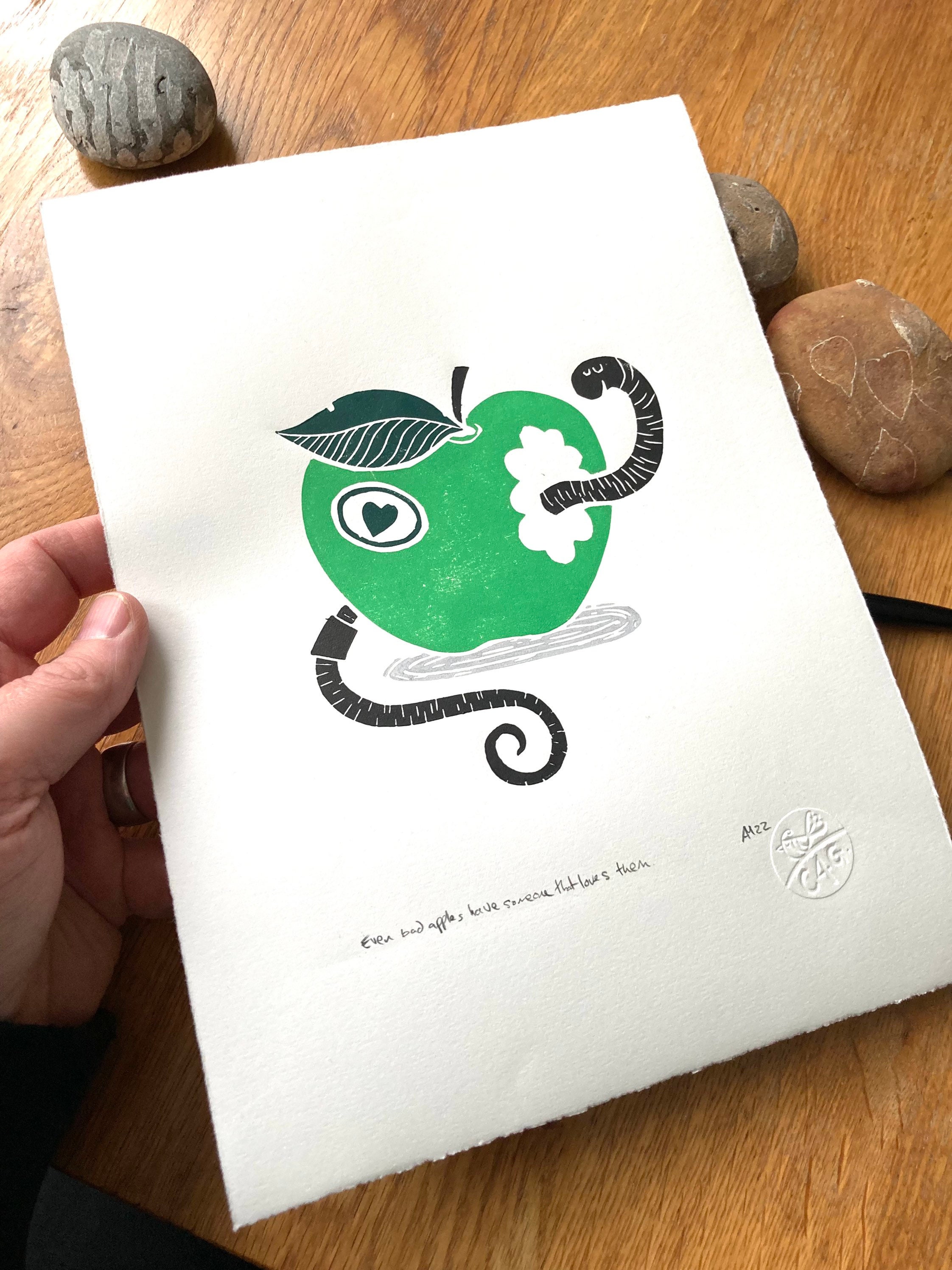 Apple and worm - green apple- fruit- fun linocut  -contemporary - home decor - handmade art print - free uk shipping