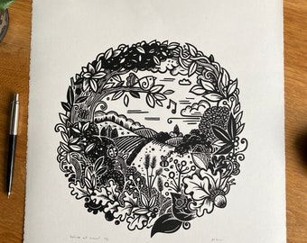 Natur rundherum - Pflanzen, Kreaturen & Landschaft - Linoldruck - handgemachter Kunstdruck - Zeitgenössische Kunstdruck - Versandkostenfrei