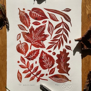 Autumn leaves, Fall leaves, autumnal handmade, handprinted linocut print, orange, brown, red seasonal colour way art print, limited edition