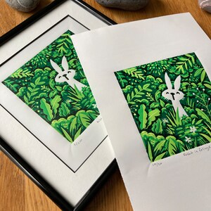 Rabbit in foliage reduction Linocut print handmade art print contemporary print home decor limited edition free uk shipping zdjęcie 5
