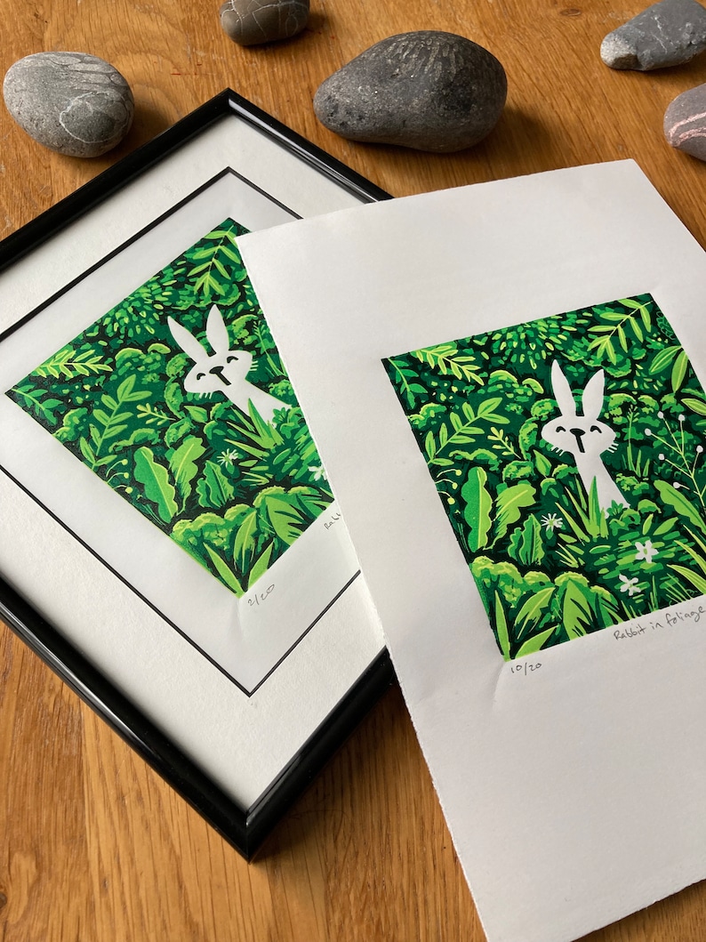 Rabbit in foliage reduction Linocut print handmade art print contemporary print home decor limited edition free uk shipping zdjęcie 5