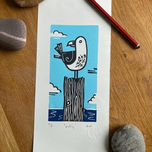 Gully - seagull three colour Linocut print - handmade art print - contemporary print - home decor  -free uk shipping