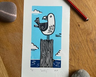 Seagull Linocut Print: Three-Color Handmade Art