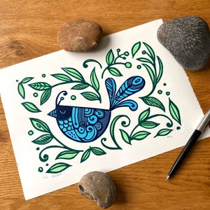 Bluebird Linocut Print: Limited Edition Handmade Art