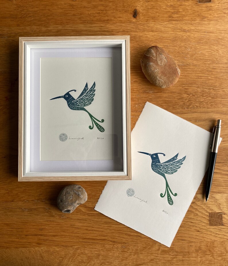 Hummingbird handprinted Linocut print contemporary print home decor handmade art print free uk shipping image 8