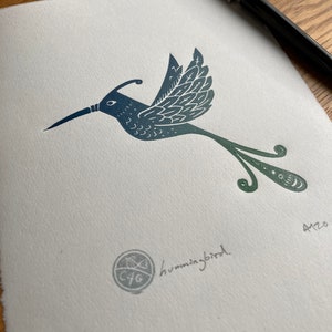 Hummingbird handprinted Linocut print contemporary print home decor handmade art print free uk shipping image 1