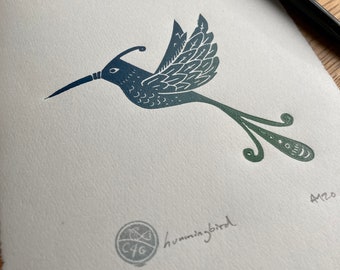 Kolibrie handbedrukte Linosnede print - hedendaagse print - home decor - handgemaakte kunst print - gratis uk verzending