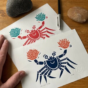 Pom-pom crab handprinted Linocut print - crab with sea anemones - contemporary print - home decor - handmade art print - free uk shipping