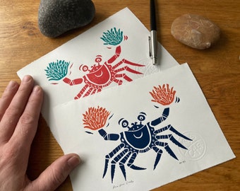 Handprinted Crab Linocut Print: Sea Anemones Art