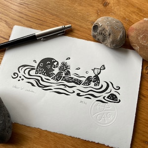 Otter & Urchin Linocut Print – Handmade Art, Contemporary Decor