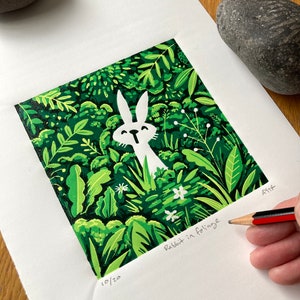 Rabbit in foliage reduction Linocut print handmade art print contemporary print home decor limited edition free uk shipping zdjęcie 7