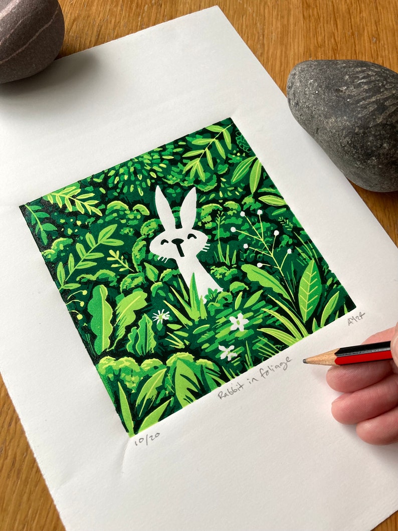 Rabbit in foliage reduction Linocut print handmade art print contemporary print home decor limited edition free uk shipping zdjęcie 7