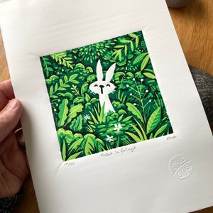 Rabbit in foliage reduction Linocut print handmade art print contemporary print home decor limited edition free uk shipping zdjęcie 4