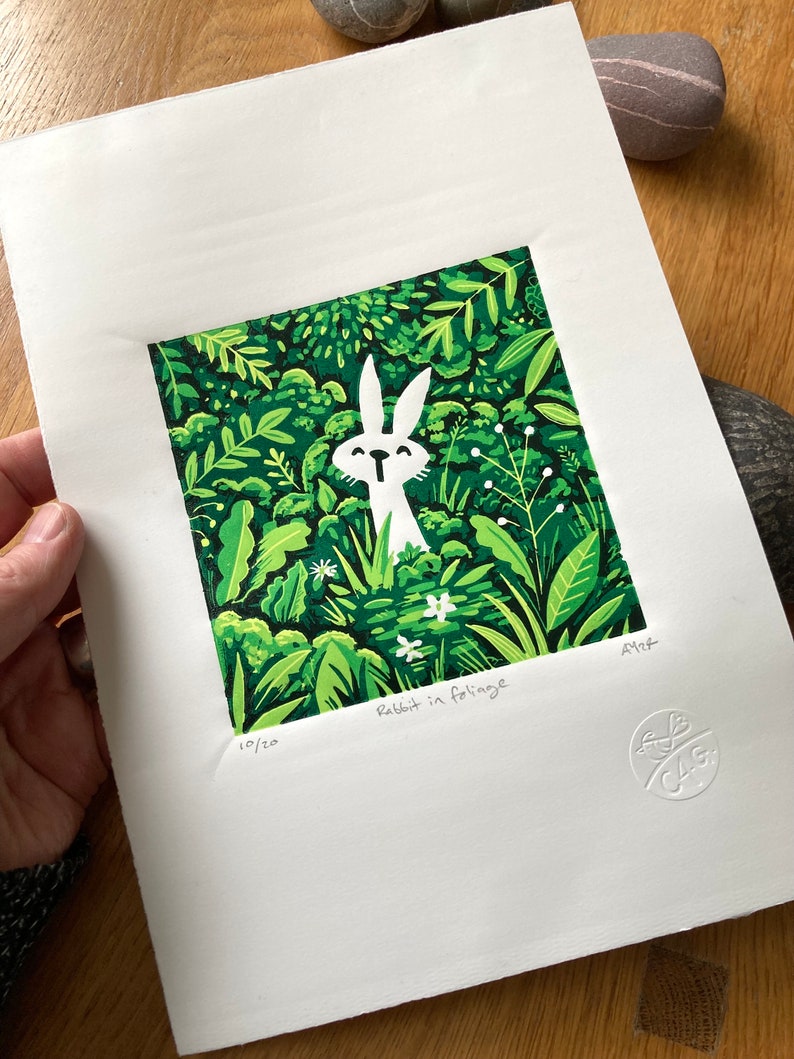 Rabbit in foliage reduction Linocut print handmade art print contemporary print home decor limited edition free uk shipping zdjęcie 4