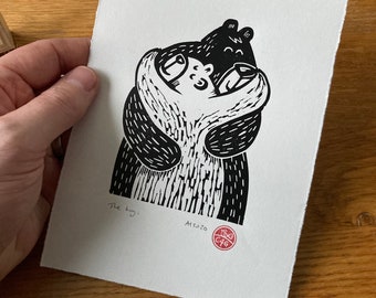 Bear hug - The hug - friendship - Linocut print - handmade art print - contemporary print - home decor -free uk shipping