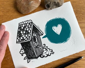 Love shack handprinted Linocut print - birdbox & heart  - contemporary print - home decor - handmade art print - free uk shipping