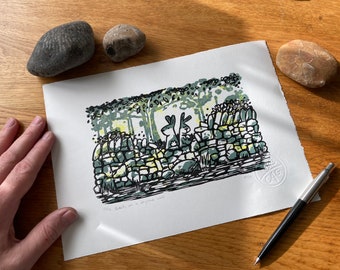 Rabbits on a dry stone wall - Linocut print - handmade art print - contemporary print - home decor - limited edition -free uk shipping