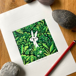 Rabbit in foliage reduction Linocut print handmade art print contemporary print home decor limited edition free uk shipping zdjęcie 1