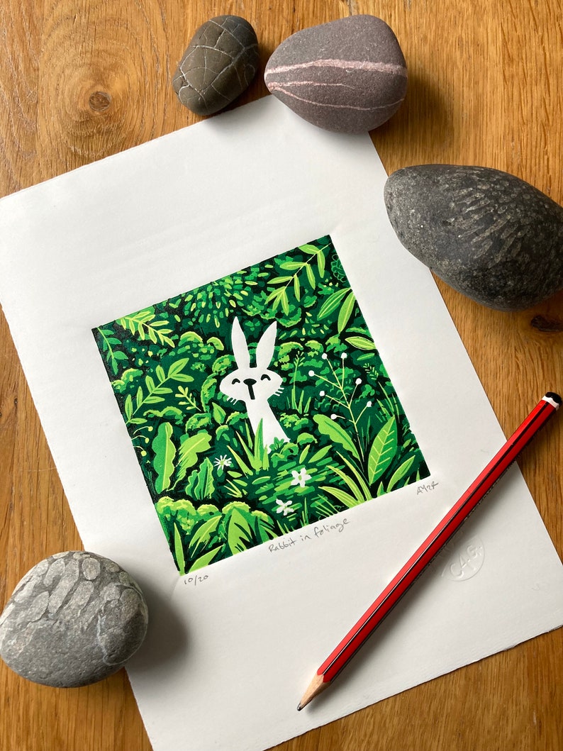 Rabbit in foliage reduction Linocut print handmade art print contemporary print home decor limited edition free uk shipping zdjęcie 1