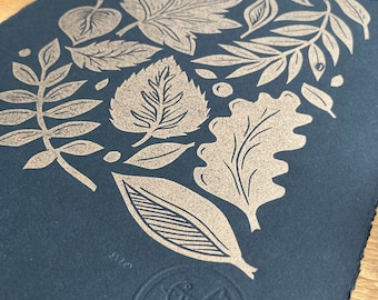 Bladgoud -herfstbladeren - Linosnede print - handgemaakte kunst print - hedendaagse print - home decor -gratis uk verzending