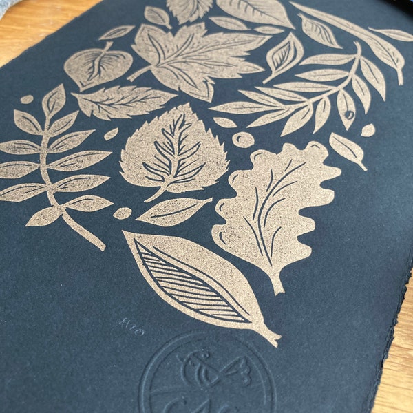 Gold leaf  -autumnal leaves - Linocut print - handmade art print - contemporary print - home decor -free uk shipping