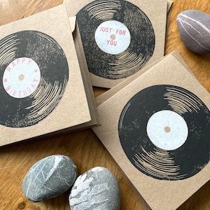 Schallplatten, Schallplatte, Musik,Handarbeit,Handarbeit Grußkarten, Handgedruckte individuelle Karten, Geburtstag, offen, nur für Sie, Lieferung U.K.Handwerk