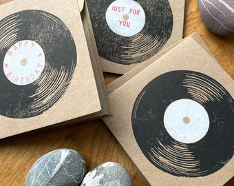 Vinyl, record, music, handmade craft Greeting cards, hand printed individual cards, birthday, open, just for you, free delivery U.K. craft