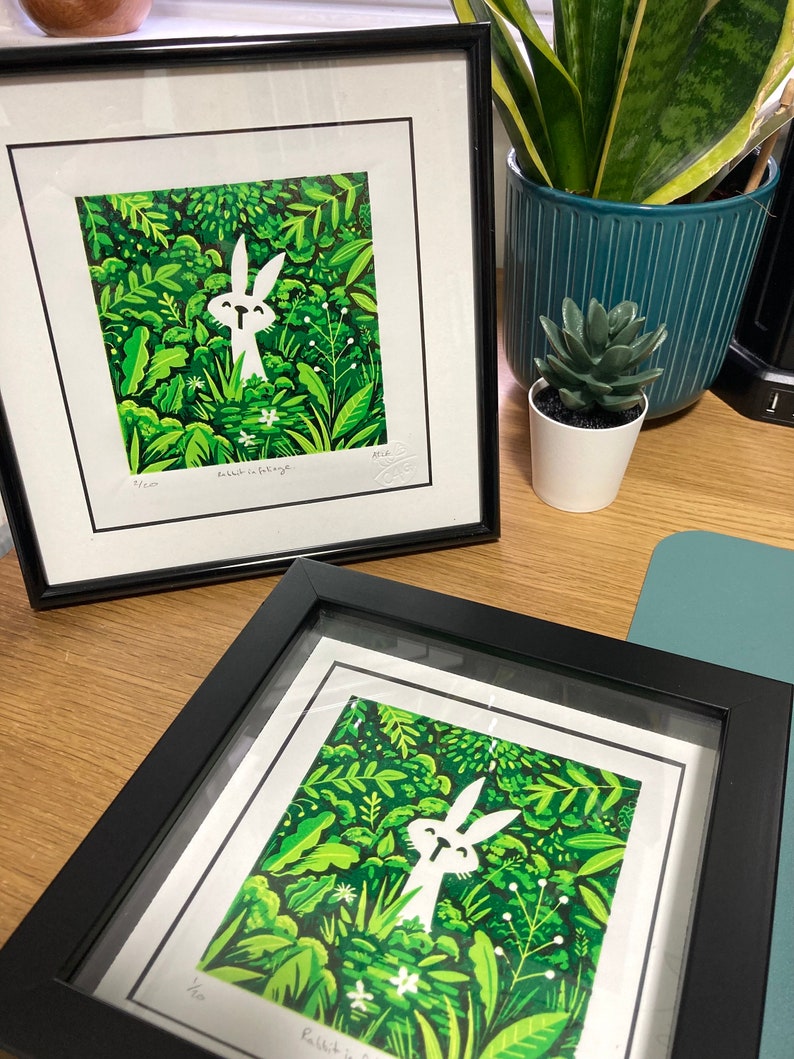Rabbit in foliage reduction Linocut print handmade art print contemporary print home decor limited edition free uk shipping zdjęcie 8