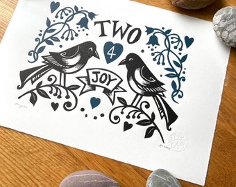 Original 'Two for joy' | pair of magpies | handprinted | linocut | 2 colour wall art | home decor | handmade art print | free uk shipping