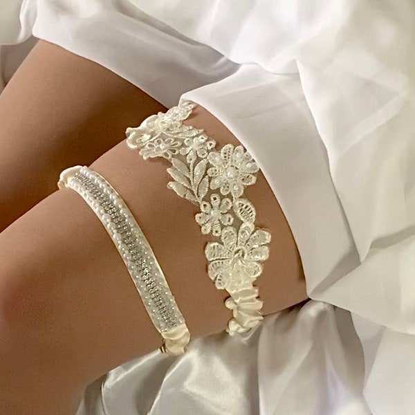 Pearl Beaded Ivory Lace Garter, Bridal Garter Set, Gift boxed, Wedding Garters, Cream, Silver, White ruffle ribbon