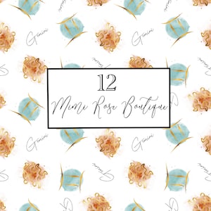 May include: A seamless pattern featuring the Gemini zodiac sign in gold and blue watercolour. The background is white with the text "Gemini" and "Mimi Rose Boutique" repeated throughout. The number "12" is centred in the image.