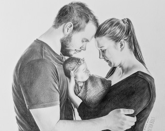 May include: A black and white pencil drawing of a family of three. A man and woman are holding a baby wrapped in a blanket. The family is looking down at the baby.