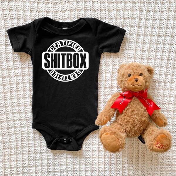 Certified Shitbox Funny Car Themed Bodysuit | Logo Style Car Enthusiast Baby Clothes | Mechanic Newborn Outfit | baby Shower Gift