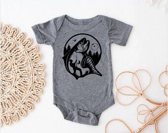 Fishing Enthusiast Baby Bodysuit w/ Jumping Bass Fish & Outline of Fisherman | Variety of Sizes and Colors | Baby Boy Bodysuit | Baby Shower