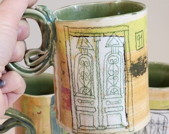 Georgian Tea Coffee Mug, Tbilisi souvenir, Handmade Ceramic Mug, Orange, Green handle mug, Unique gift idea, Colorful Drinkware, tableware