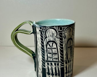 Georgian Ceramic Mug, Hand carved sgraffito mug, Black and White mug, Georgian balcony design, Coffee mug, Tbilisi souvenir