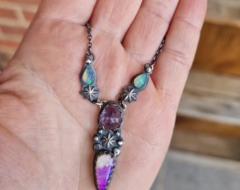 Opal and tanzanite pendant statement piece,  sterling silver celestial vibe