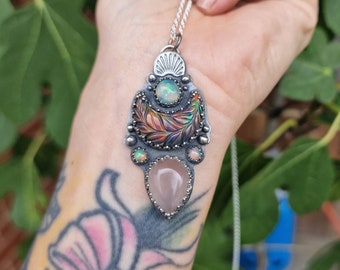 Statement piece with synthetic opal, welo opal and rose quartz. Pendant in silver