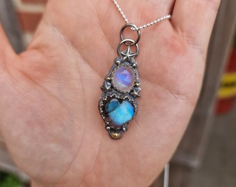 Statement piece with labradorite,  moonstone , mixed metals in celestial theme